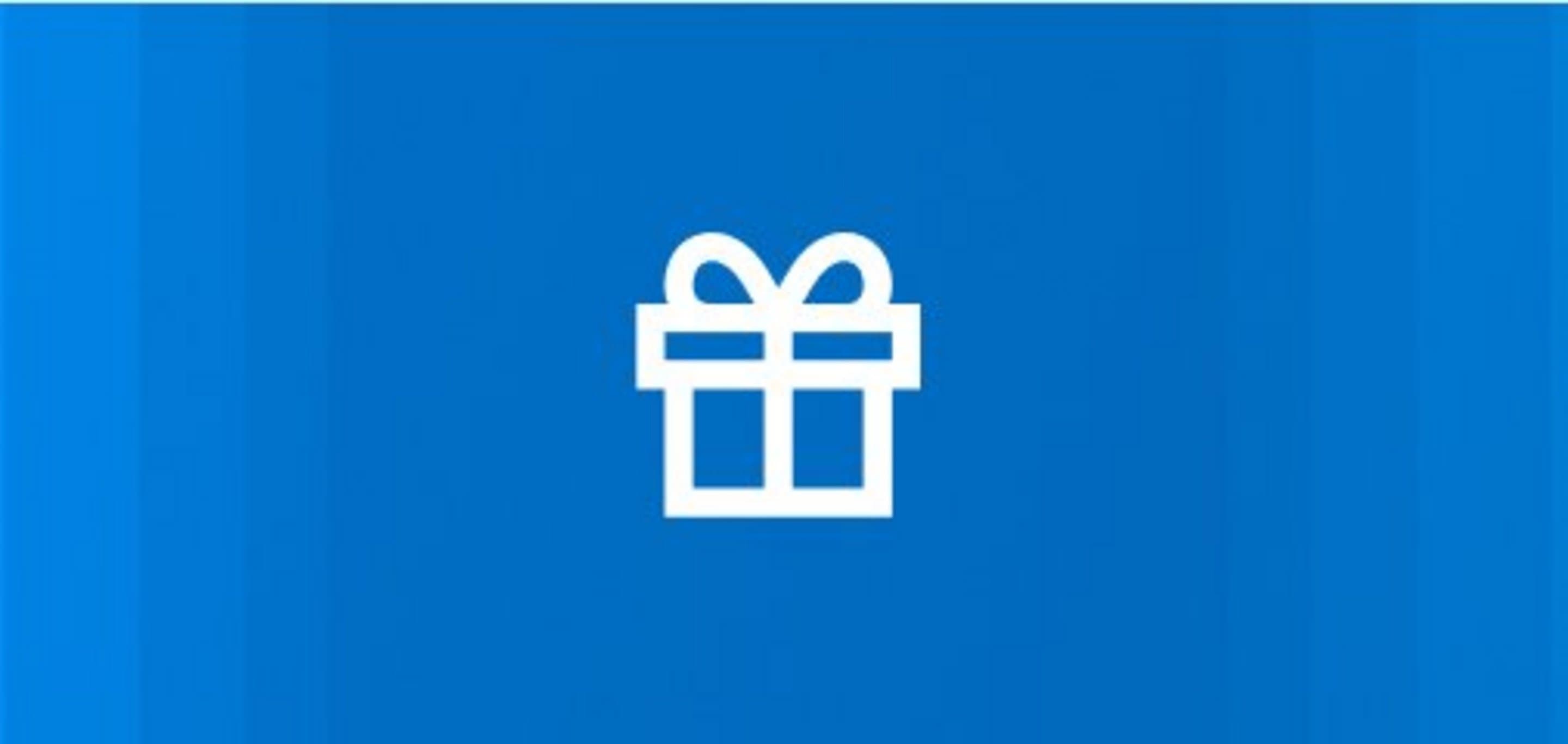 Weißes Geschenk-Icon mit Schleife auf blauem Hintergrund.