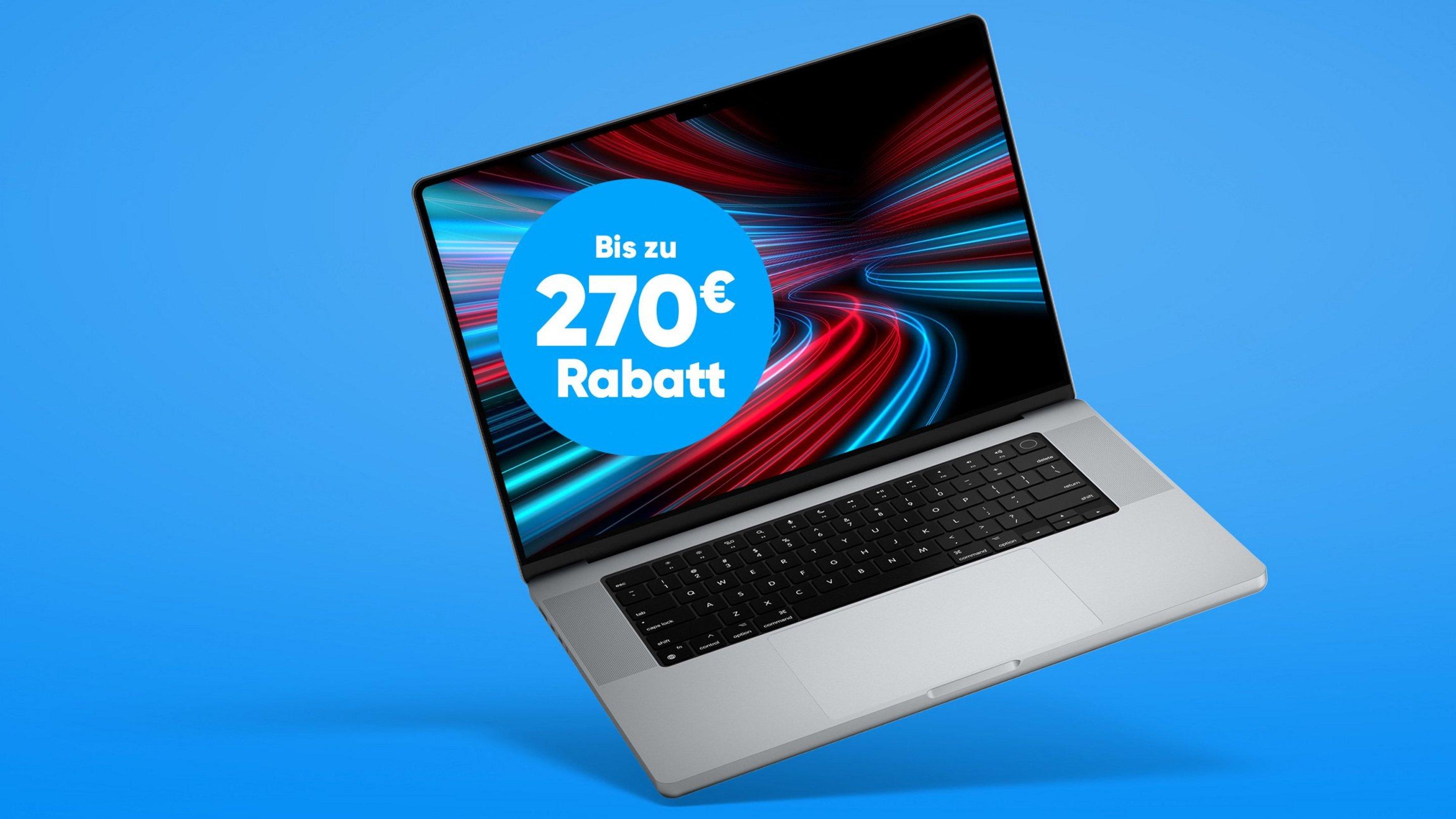 Blauer Hintergrund mit einem aufgeklappten Laptop auf dem ein blauer Sticker mit der Aufschrift "Bis zu 270€ Rabatt" zu sehen ist 