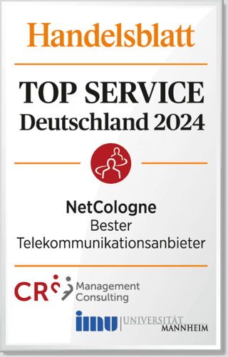 Auszeichnung vom Handelsblatt Top Service Deutschland 2024 NetCologne als bester Telekommunikationsanbieter