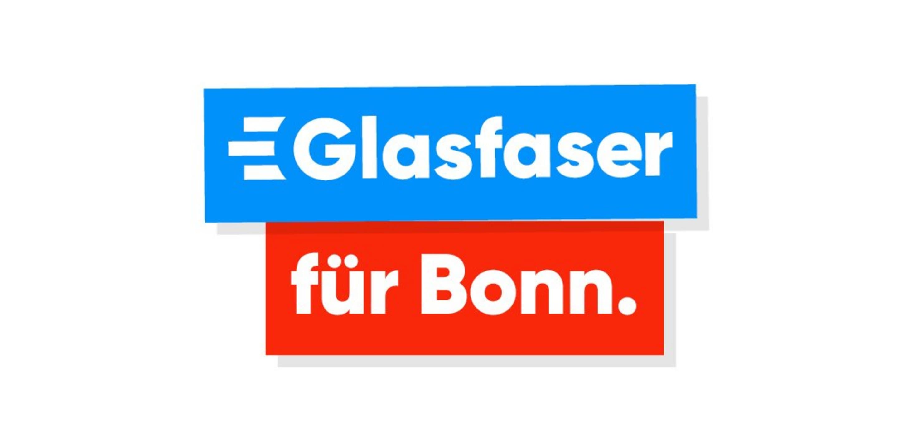Glasfaser Bonn Werbebanner mit dem Text: 'Glasfaser für Bonn.' auf blauem und rotem Hintergrund.