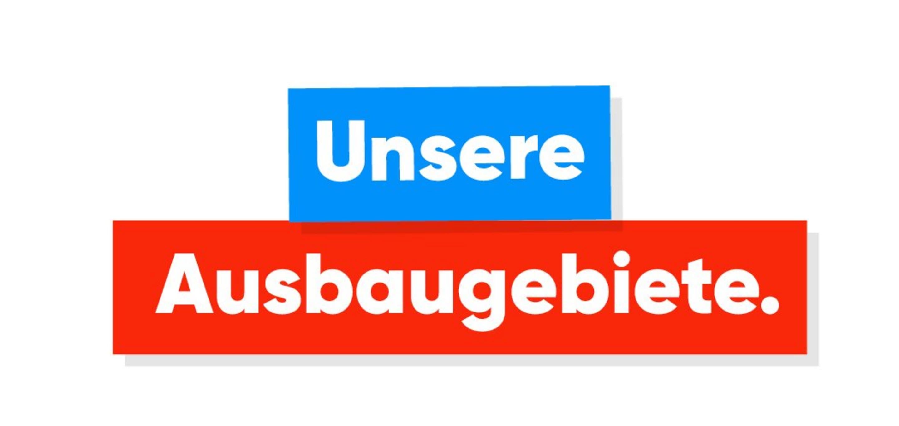 Glasfaserausbau Gebiete Werbebanner mit dem Text: 'Unsere Ausbaugebiete.' auf blauem und rotem Hintergrund.