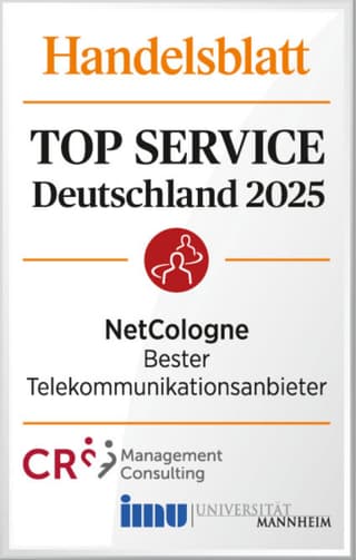 Auszeichnung vom Handelsblatt Top Service Deutschland 2025 NetCologne als bester Telekommunikationsanbieter